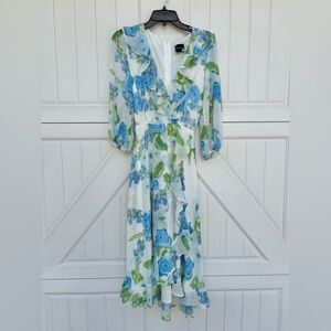 Maison Tara Floral Ruffle Dress Women’s 8 Blue Green Midi Never Worn Spring